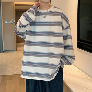 港风麂皮绒圆领条纹拼接卫衣男宽松长袖T恤打底衫Y5532 P45图片