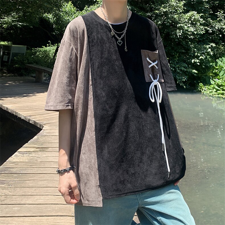 男生短袖t恤夏季新款潮流撞色五分袖潮牌鹿皮绒小众设计中袖上衣图片