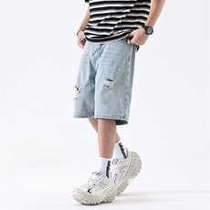 牛仔短裤男夏季新款宽松直筒休闲设计感破洞阔腿裤子305#-P47，男装牛仔裤，电商A178-1