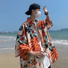 泰式花衬衫男短袖夏季冰丝海边夏威夷潮流大码休闲七分袖防晒衬衣，男装衬衫，电商A022