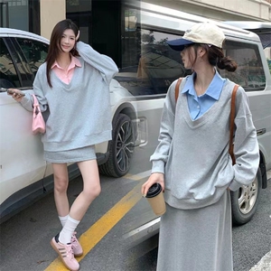 QC016-P55 宽松套头百搭假两件早秋长袖卫衣 韩系复古上衣女学生图片