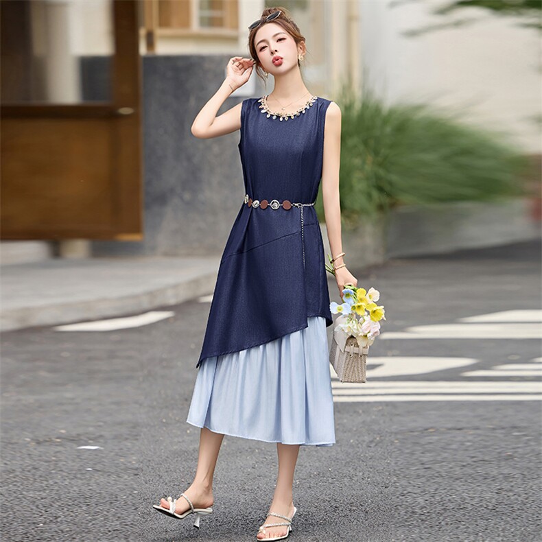 无袖牛仔连衣裙2025夏季新款独特漂亮气质度假风拼接掐腰背心裙子,女装连衣裙,超帛