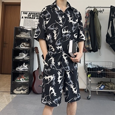 港风泼墨印花休闲套装夏季学生宽松休闲短袖短裤两件套TZ103-P43，男装休闲套装，电商A178