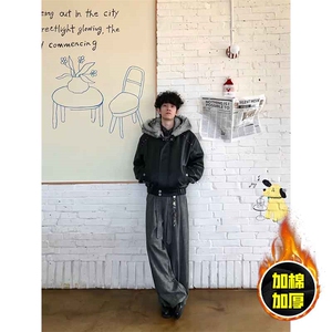 现货冬季美式潮牌痞帅PU皮机车服棉衣毛毛绒狼王座山雕皮棉服图片