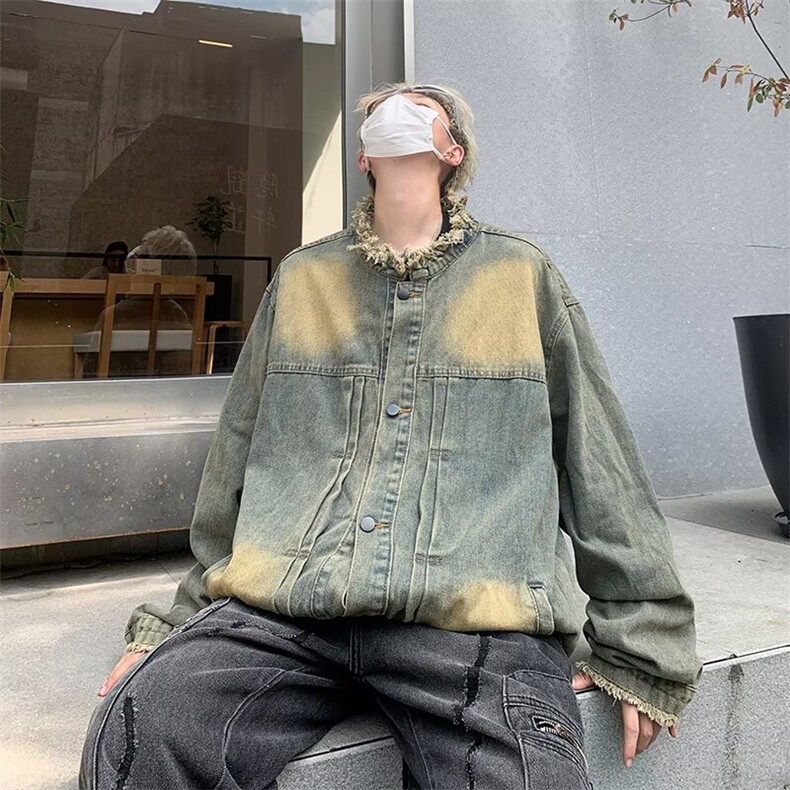后背字母牛仔外套设计感磨毛黄泥染休闲美式夹克外套J2214-P62,男装工装外套,星座1001-1