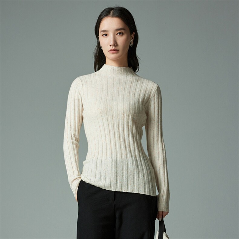 女士35%羊绒衫半高领套头毛衣秋冬新品紧身坑条内搭针织衫，女装羊绒衫，木淼羊绒