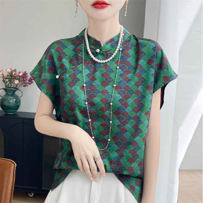 新中式国风上衣女短袖t斜襟短袖立领旗袍小衫缎面印花新中式衬衫,女装T恤,羊特美羊绒