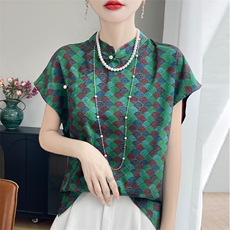 新中式国风上衣女短袖t斜襟短袖立领旗袍小衫缎面印花新中式衬衫，女装T恤，羊特美羊绒