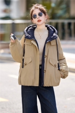 90白鸭绒宽松大版休闲拼接工装派克假两件连帽羽绒服，女装羽绒服，采品优优