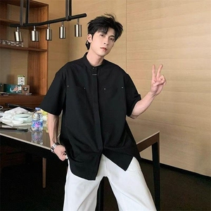 夏季痞帅男生垂感立领衬衣男宽松百搭衬衫上衣CSA15-P35