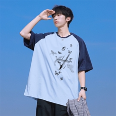 抖音得物高品质二开240克宽松纯棉美式潮牌插肩袖拼接短袖T恤，男装T恤，电商A486