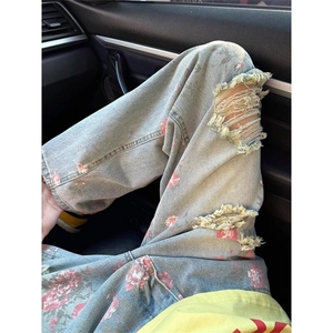美式高街花卉破洞牛仔裤男款夏季痞帅高级感裤子vibe满印 NK1131图片