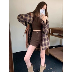大码微胖休闲复古格子衬衫女秋季高级感开衫衬衣胖MM宽松显瘦上衣，男装衬衫，星座1210-1