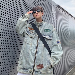 美式复古牛仔外套男女水洗做旧工装夹克vintage立领机车服 JK1215图片