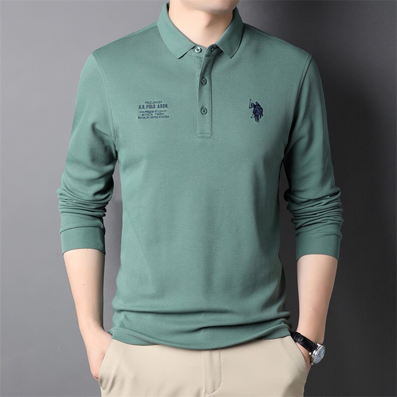 翻领t恤男长袖2023春秋季中年男士刺绣纯色商务休闲时尚Polo,男装T恤,电商B212（原钱塘6029）