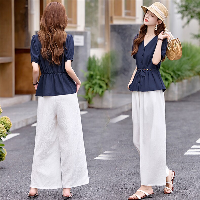 2025夏装新款简约时尚休闲V领两件套套装，女装套装/套裙，罗腾