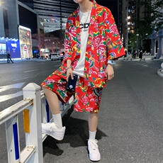 TZ1805男士休闲披肩短裤套装风东北大花大码风衣衬衫夏休闲，男装休闲套装，星座115A(原星座507）