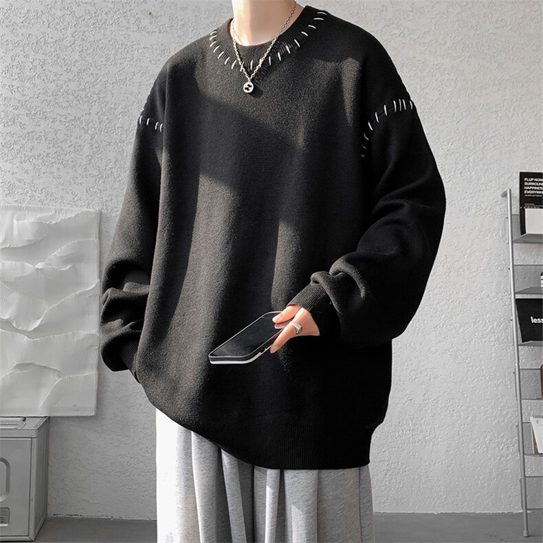 M304-P65 高品质撞色线设计圆领套头毛衣男士宽松大码针织衫M-5XL图片