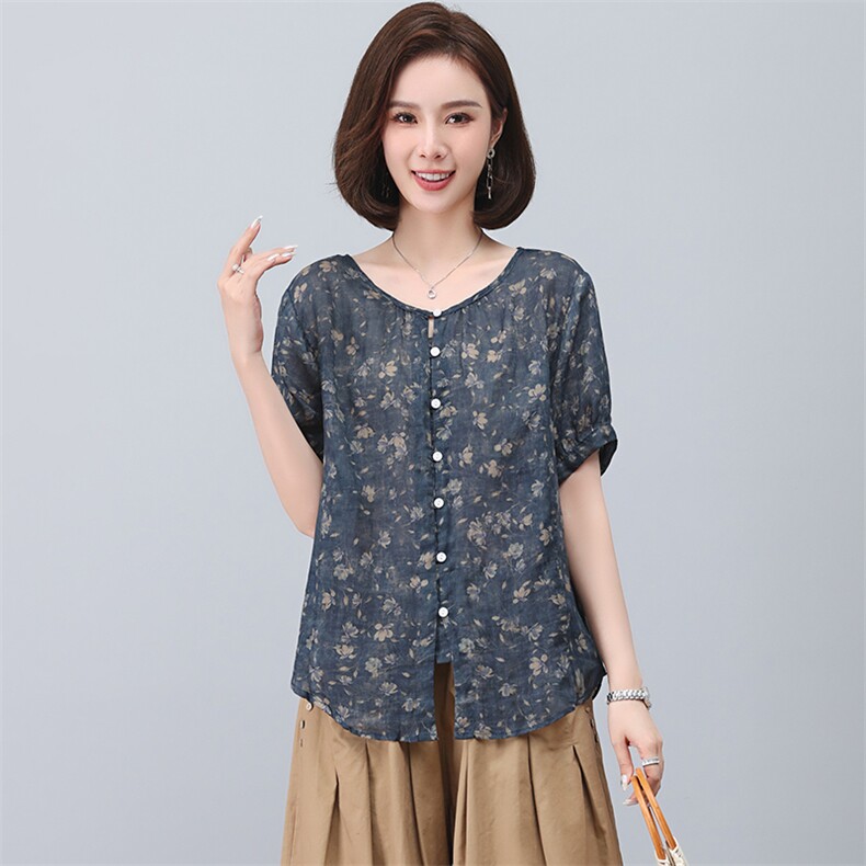 苎麻衬衫女短袖2023新款夏季碎花衬衣小个子妈妈小衫气质洋气上衣,女装衬衫,忆绮罗