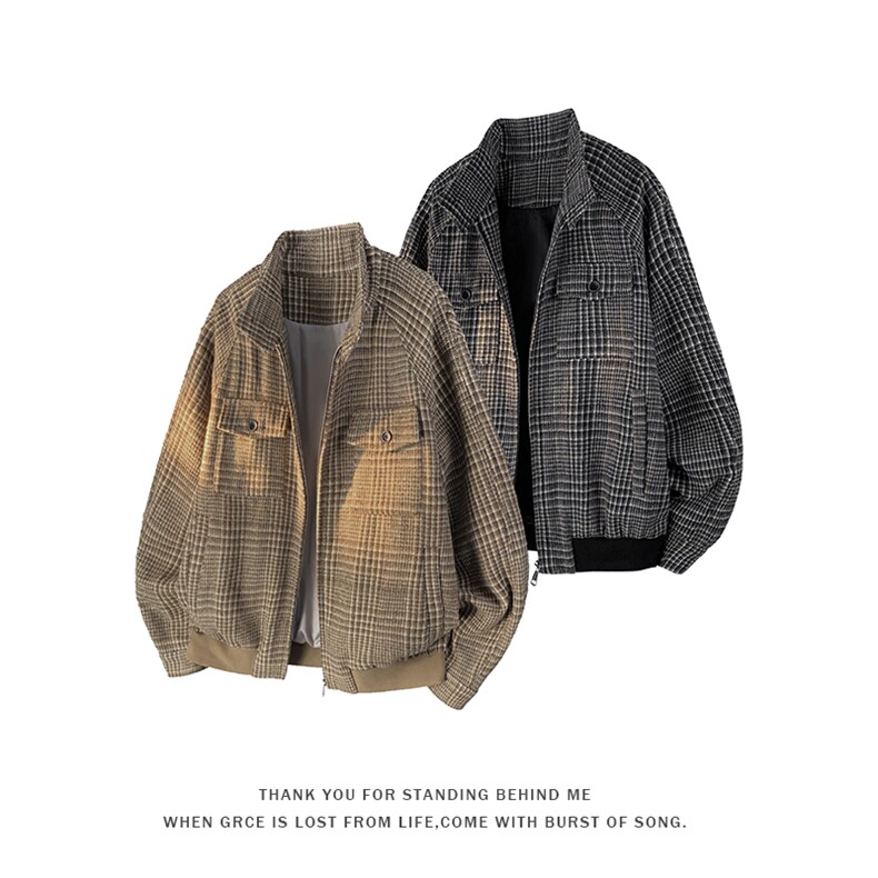 GENIOLAMODE美式千鸟格哈灵顿夹克男士秋季复古廓形外套小众上衣，男装夹克，电商A001