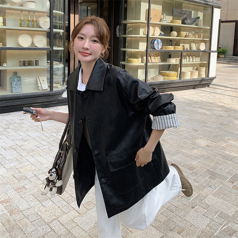 新款现货主推袖口拼接皮衣外套9878-P155-K218,女装皮衣,2C129
