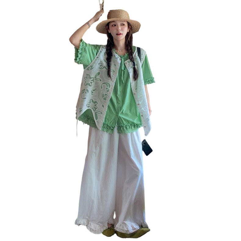 温柔风不规则蕾丝罩衫木耳边衬衣套装女夏季2025新款阔腿裤三件套,女装套装/套裙,含赞