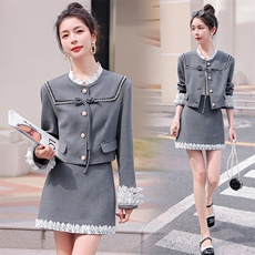 2023年春夏季新款小香风法式两件复古盘扣花边小外套+半身裙套装，女装套装/套裙，韩蜜菓