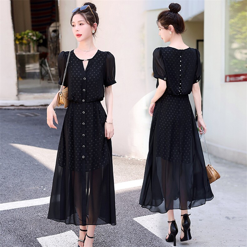高级感气质黑色连衣裙女夏季2023新款修身显瘦设计感减龄波点长裙，女装连衣裙，润尚靓点