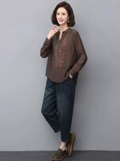 时尚套装女2023春夏新款小个子中年妈妈衬衫牛仔裤初夏休闲两件套，女装套装/套裙，叶笙衣