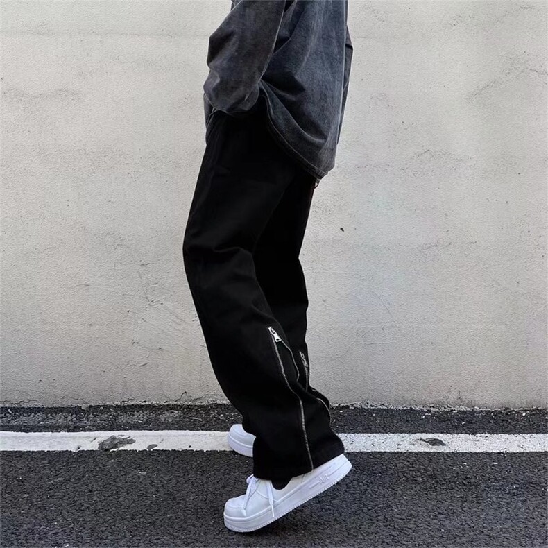 美式街头嘻哈宽松直筒牛仔长裤高街裤脚拉链vibe风小众情侣裤子男，男装休闲裤，星座601-2