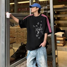 抖音得物品质二开240克宽松纯棉美式潮牌印花三条杠中性风短袖T恤，男装T恤，电商A486