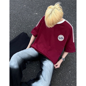 夏季美式高街重磅纯棉三条杠织带撞色男女短袖T恤ZD624-特P30图片