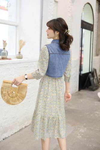 当季新款法式牛仔背心气质淑女雪纺裙，女装背心吊带，水锦红