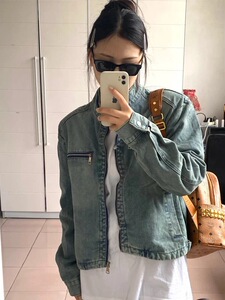 口袋拉链短款牛仔外套秋季新款设计感水洗做旧夹克上衣NB78 P70图片