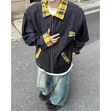 复古红色格子翻领拼接美式工装拉链牛仔夹克欧美高街JK8365-P75，男装夹克，星座1109-3