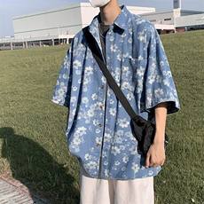 夏季新款复古做旧上衣情侣牛仔花朵衬衫男短袖衬衣W3427-P50，男装衬衫，星座512-2