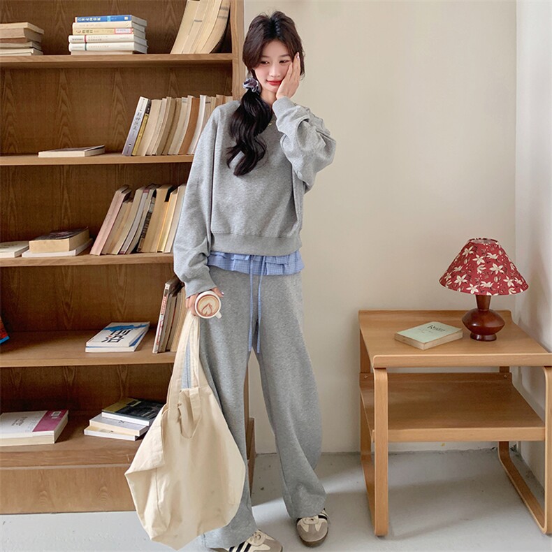 假两件拼接卫衣阔腿裤套装女2025春季新款韩系减龄休闲运动两件套,女装套装/套裙,2C307