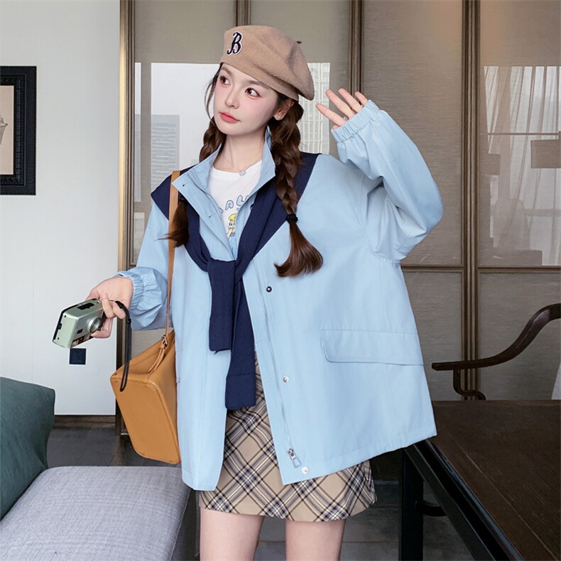 高级小众韩系慵懒chic蓝色外套女春秋超火好看独特漂亮短夹克上衣,女装风衣,2C158