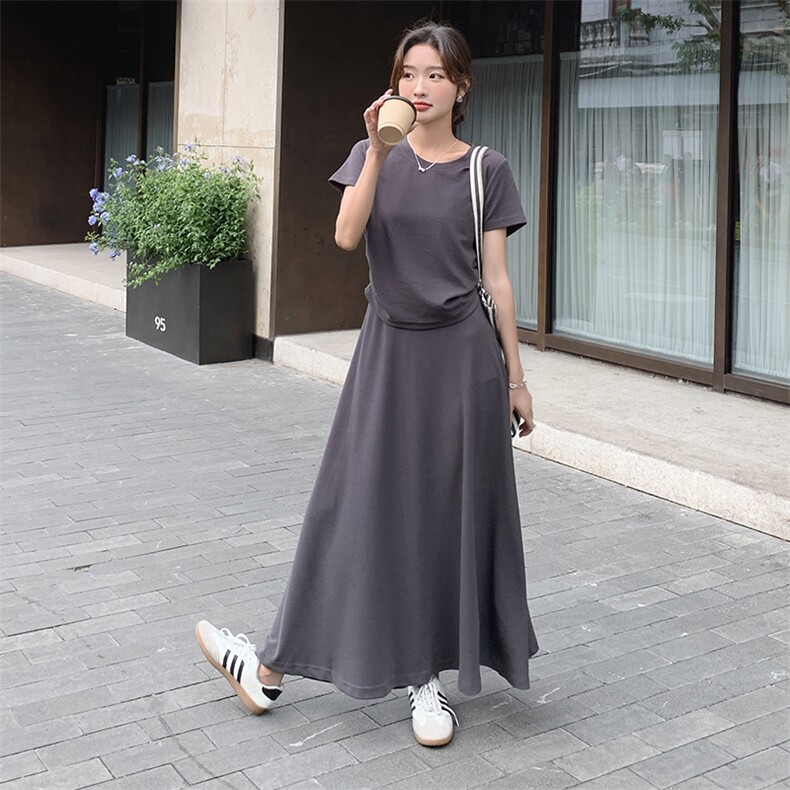 灰色T恤半身裙套装女夏2025新款韩版时尚穿搭一整套气质显瘦长裙，女装套装/套裙，浙宝212A