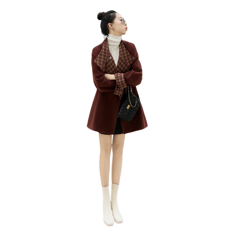 撞色格子收腰系带风衣外套女欧洲站2024秋季新款中长款羊毛大衣潮,女装毛呢外套,曼娅璐