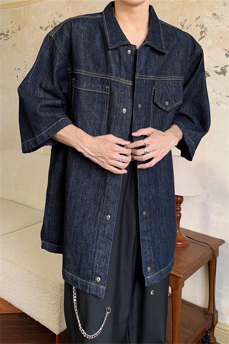 夏季水洗复古深蓝短袖牛仔衬衫男女宽松休闲高级高街百搭美式潮牌,男装衬衫,星座505-2（原电商A260-1)