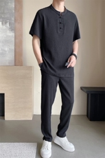 中式褶皱盘扣运动休闲套装男士舒适轻薄透气短袖T恤两件套TZ400，男装T恤，星座305A（原312A-1）