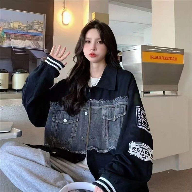 美式复古撞色拼接牛仔棒球服春秋季新款宽松韩版学生百搭外套女潮,女装短外套,星座1210-1