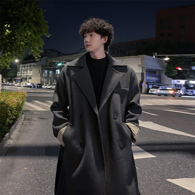 秋冬毛呢大衣男潮韩系慵懒风衣宽松中长外套MN00731/P100加棉P110,男装风衣,电商B316