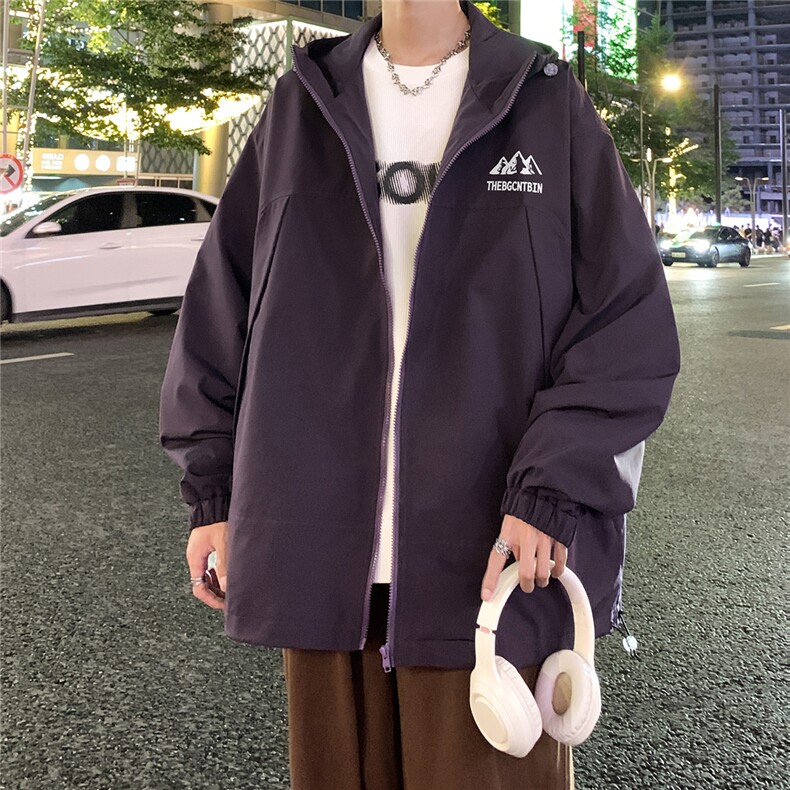 港风夜景时尚宽松字母印花连帽冲锋衣夹克F381P65控88,男装夹克,电商A247