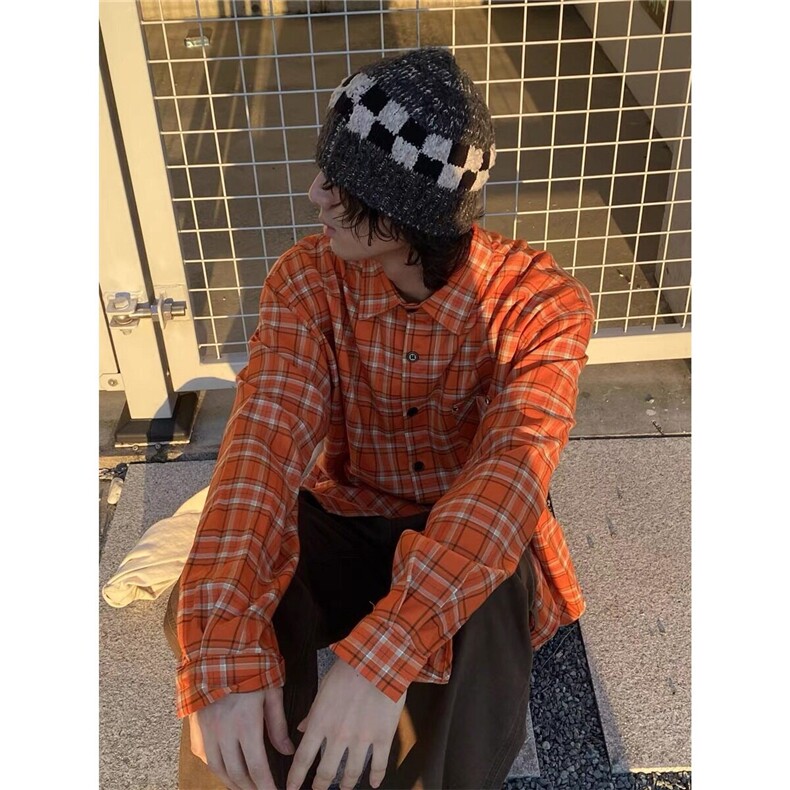 秋季款-格子衬衫橙色,男装衬衫,星座410-7