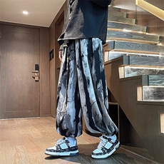 青少年宽松腰休闲裤直筒潮新中式风扎染水墨纹灯笼裤垂感X902，男装休闲裤，星座506