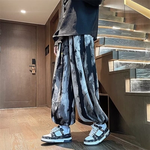 青少年宽松腰休闲裤直筒潮新中式风扎染水墨纹灯笼裤垂感X902图片