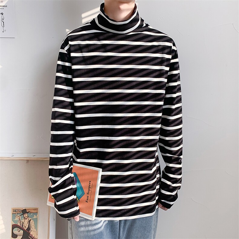 长袖T恤男士上衣潮流条纹秋冬季宽松高领衣服打底衫T709-P35,男装T恤,星座512-4