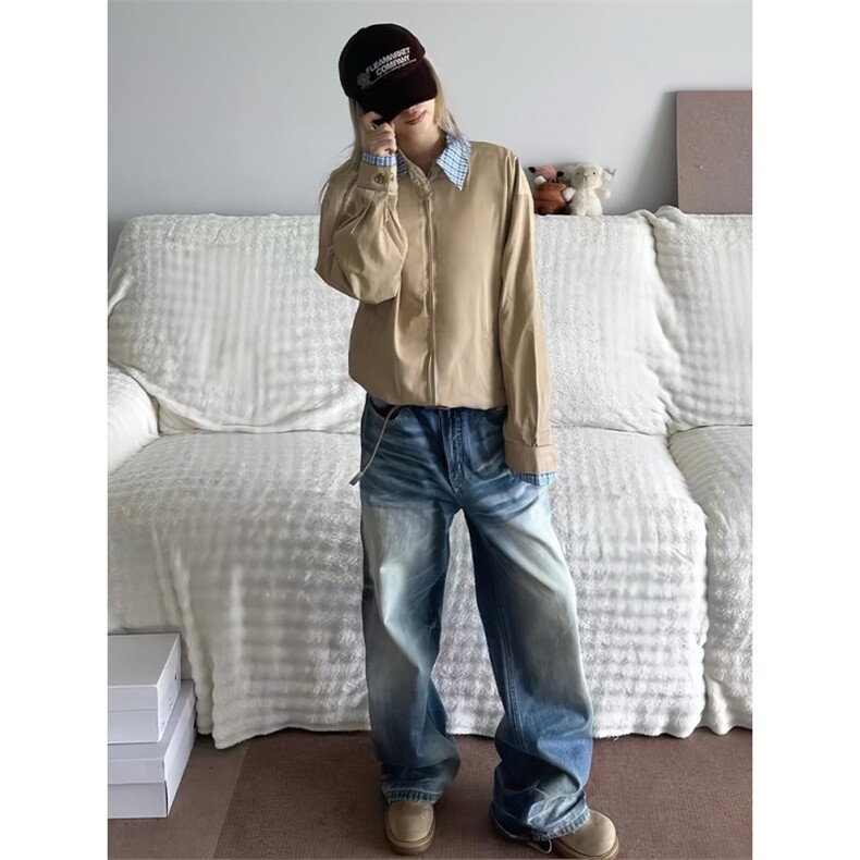 美式复古格子拼接假两件夹克男女cleanfit情侣工装外套LB9999-P65,男装夹克,星座1008